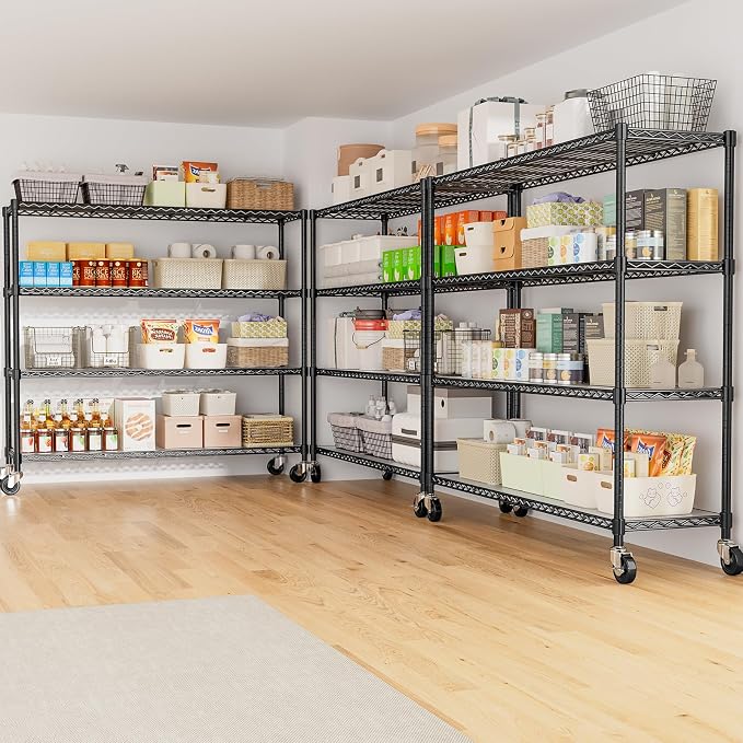 48" W Storage Shelves 1500LBS Metal Shelving Unit with Wheels, Adjustable Garage Shelving Heavy Duty Wire Rack with Liners for Pantry Warehouse Commercial Office, 48" W x 18" D x 76.77" H