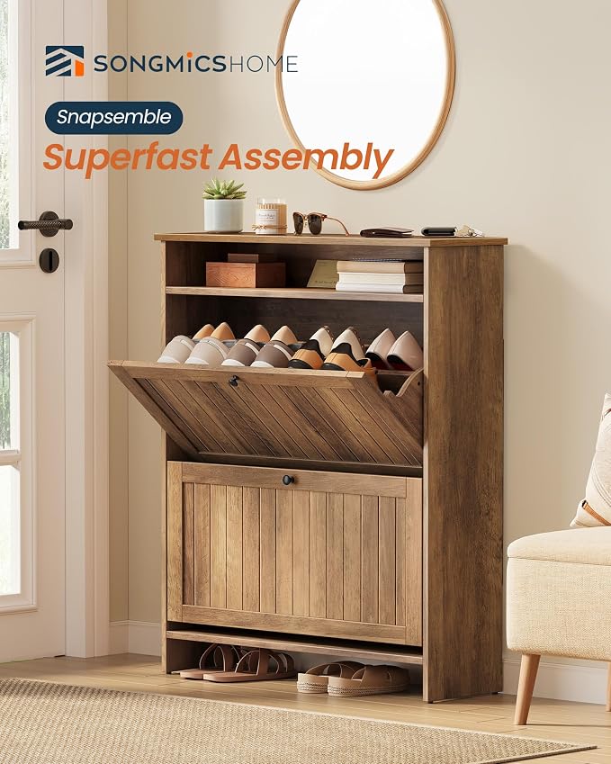 SONGMICS Home Shoe Cabinet, Snapsemble Superfast Assembly, Shoe Storage Cabinet for Entryway with 2 Flip Drawers, Adjustable Dividers and Open Storage, Farmhouse, Honey Brown