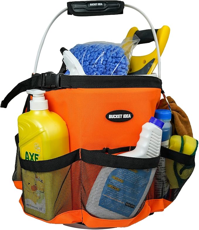 MELOTOUGH Bucket Washing Tool Organizer for a 5 Gallon Bucket Tool Organizer for Garden Tools Fit 3.5 to 5 Gallon Bucket (Orange) | Hold Spray Bottles Scrubs Brush, Mesh With Multiple Compartments, Fits 3.5-5 Gal Buckets, Water-Resistant, Easy To Carry