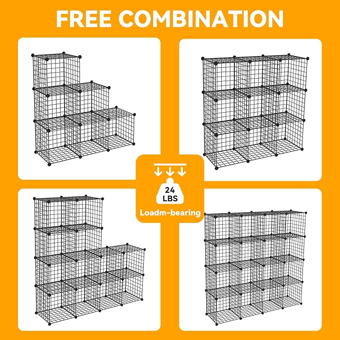 HUBSON Wire Cube Storage Organizer, Book/Toy/Craft/Potted Plants and petCloset Organizers and Storage Shelves, 12-Cube Freely Combinable Metal Grids Storage Shelf,Black Iron