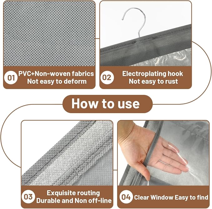 4 Pack Purse Organizer for Closet, Hanging Handbag Storage with 8 Clear PVC Pockets, Purse Organizer for Wardrobe Door Wall, Gray 41x13.5x12.6 Inch