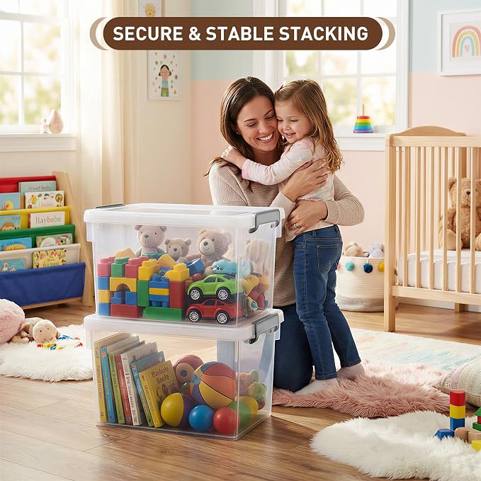 Citylife 22.2Qt Ultra-Thick (3.82mm) Clear Plastic Storage Bins with Lids, 4-Pack Stackable Straight-Wall Closet Organizers with Honeycomb Base & Pinch-Free Latches for Garage, Clothes & Holiday Decor