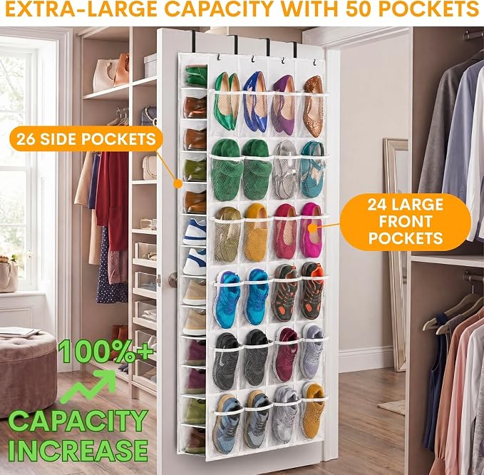 40-50 Pairs Over the Door Shoe Organizer, Large Double-Sided Pockets Hanging Shoe Rack, Space-Saving Closet Door Organizer Fits Boots,Sneakers or Larger Shoes,Shoe Storage for Bedroom, Closet,Entryway