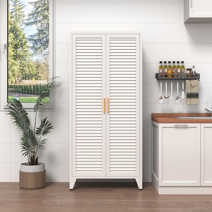 White Metal Storage Cabinet with Doors and 3 Adjustable Shelves 61"Tall Multifunctional Steel Heavy-duty Storage Locker for Kitchen Living Room Bedroom Home Office School 61"H X 27.6"W X 13.8"D