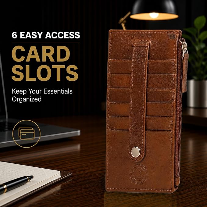 Leatherboss Genuine Leather Women's All in One Credit Business Card Case Holder Slim Zipper Wallet With a Card Protection Strap, Metallic Bronze