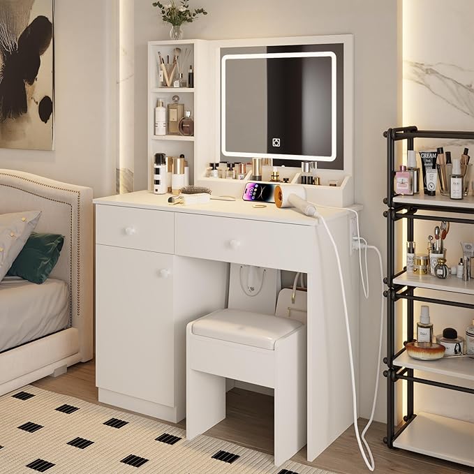Makeup Vanity Desk Set with LED Lighted Mirror & Power Outlet, Makeup Vanity Table with 2 Drawers,1 Cabinet, Storage Bench,for Bedroom, Bathroom