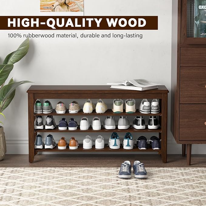 Taitiy Shoe Bench Storage Rubberwood, Entryway Bench with 3-Tiers Height Adjustable, Shoe Rack Front Door Entrance Organizer for Hallway Living Room, Mudrooms, Walnut,39.4"