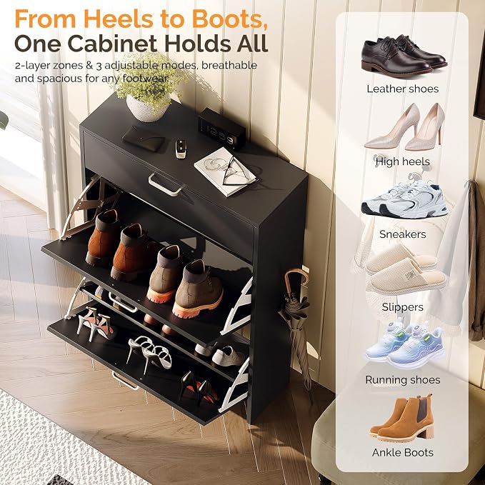 VINGLI Shoe Cabinet Storage for Entryway with 2 Flip &1Drop-Down Drawers | 24.8" W Narrow Slim,Modern Black Color,Holds 8–12 Pairs of Shoes,Smart Baseboard Cut-Out Design,9.45" Depth
