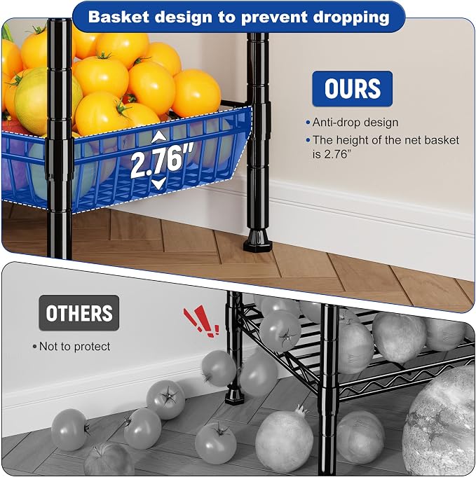 DurayLoly 7-Tier Basket Shelf Wire Shelving Unit with Wheels, Adjustable Storage Shelves with Hooks, 72" H x 24" W x 14" D Pantry Shelves for Kitchen, Bathroom, Closet & Small Spaces, Black