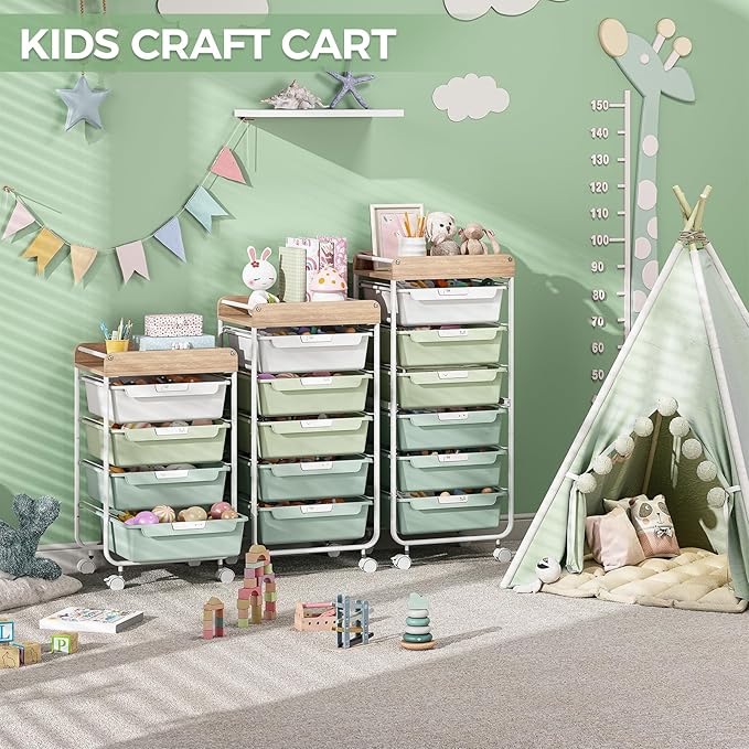 Rolling Craft Storage Cart with 4 Drawers,Utility Cart with Drawers,Art Craft Organizers and Storage,Kids Craft Cart,Kids Art Cart With DIY Lable and Wooden Tabletop Area,Green