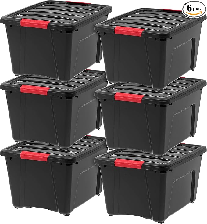 IRIS USA 32 Qt Stackable Plastic Storage Bins with Lids, 6 Pack - BPA-Free, Made in USA - Garage Organizing Solution, Latches, Durable Nestable Containers, Secure Pull Handle - Black
