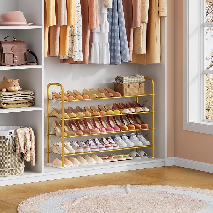 Hoctieon 4 Tier Mesh Style Shoe Rack, Entryway Shoe Shelf, Shoe Storage Organizer, Shoe Rack for Closet, Space Save for Bathroom, Garage, Hallway, Bedroom, Living Room, Gold