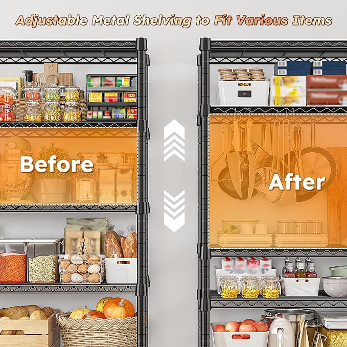 REIBII 1984LBS Heavy Duty Wire Shelving Unit with Wheels, 75.2" H Storage Shelves, 5 Tier Adjustable Metal Shelving for Pantry Kitchen Garage,No-Tools Installation, 75.2" H x 35.5" W x 16" D, Black