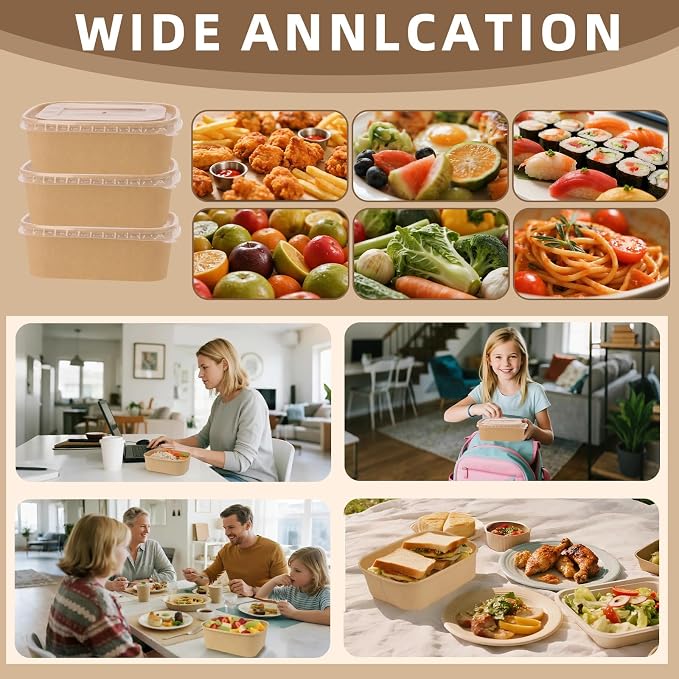 50 Pack 22 oz Paper Food Containers with Lids, Meal Prep Containers Disposable Large Paper Bowls, Microwavable and Freezer Storage Use Cardboard Food Containers