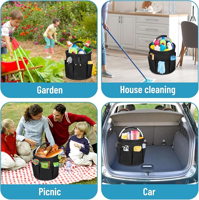 Qivine 17L Cleaning Caddy with Handle, Cleaning Supply Caddy (Black) | Cleaning Caddy for Cleaning Supplies, Portable Cleaning Supplies Organizer with 6 Pockets, Cleaning Bucket for Kitchen Garden