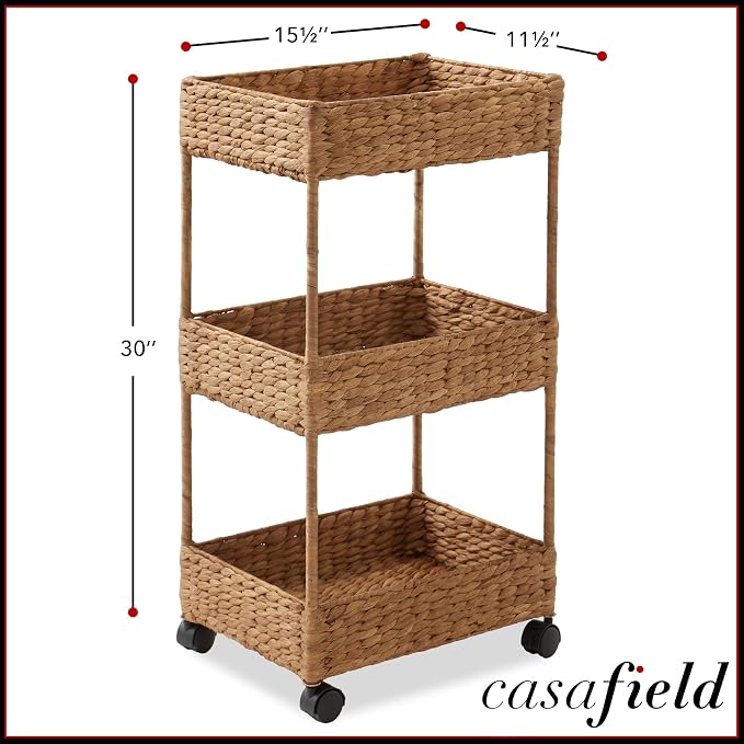 Casafield 3-Tier Rolling Storage Cart - Cinnamon, Water Hyacinth Nursery Caddy, Utility Cart for Bathroom, Craft Room, Laundry Room Organization