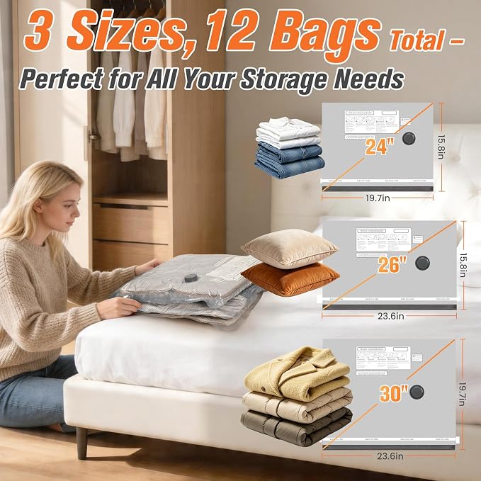 12 Pack Vacuum Storage Bags for Travel with Cordless Pump, Space Saver Bags for Clothes, Compression Packing Bags for Luggage, 12 Combo Size