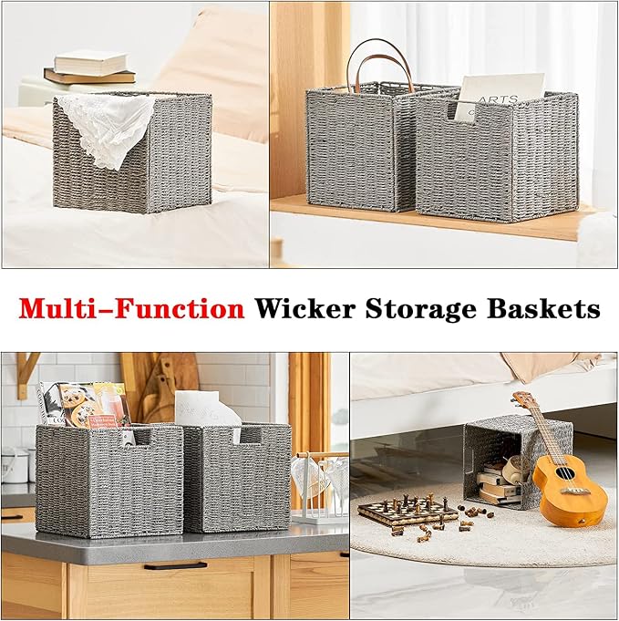 Vagusicc Wicker Basket, Set of 2 Hand-Woven Wicker Storage Basket, Foldable 11 inch Cube Storage Bins, Storage Baskets for Organizing Shelves, Closet Organizers and Storage Bins, Gray (11″×11″×11″)