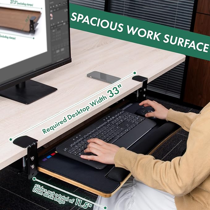 D'vine Dev Keyboard Tray Under Desk with Wrist Rest, Bamboo Wood Keyboard Drawer with Full Size Keyboard and Mouse Pad, Original Wood, KBTY-1