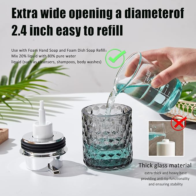 Malachi Foaming Hand Soap Dispenser, Refillable Clear Glass Foam Pump Bottle for Hand Soap, Dish Soap, Body Wash, Shampoo, Facial Cleanser & Baby Wash, Multi‑use for Bathroom, Kitchen & Commercial Use