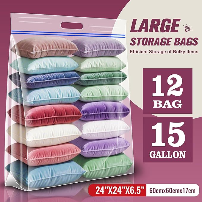 15 Gallon Large Storage Bags, 24" x 24" Clear Plastic Zipper Bags with Handles, Extra Large XL Heavy Duty for Travel Home Moving, Pack of 12
