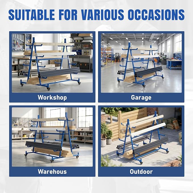 tonchean Lumber Storage Rack with Wheels, 55.9" D x 46.2" W x 54.3" H | Heavy duty mobile conduit pipe stand, 5 tier, can holds up to 1000lbs