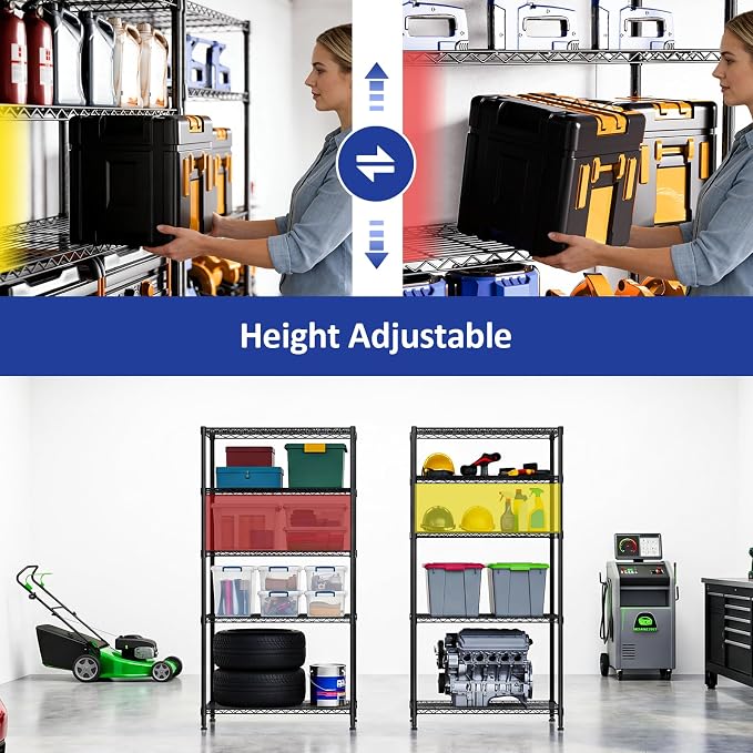5-Tier Shelving Unit, Black Wire Storage Shelves for Kitchen and Garage | 15.7" D x 33.5" W x 68.5" H, 1250 Lbs Wire Rack Shelving, Adjustable Storage Rack for Laundry Room and Garage Organization