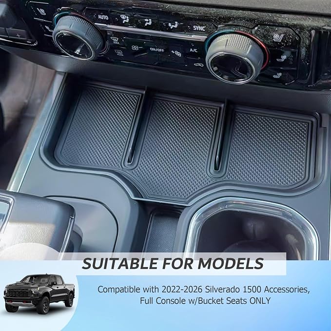 Center Console Organizer for 2023-2026 Chevy Silverado 1500 Accessories | Silverado Middle Insert Tray, Console Cubby Cover, Interior Accessories, Non-Slip Mats, Fits Full Console w/Bucket Seats ONLY