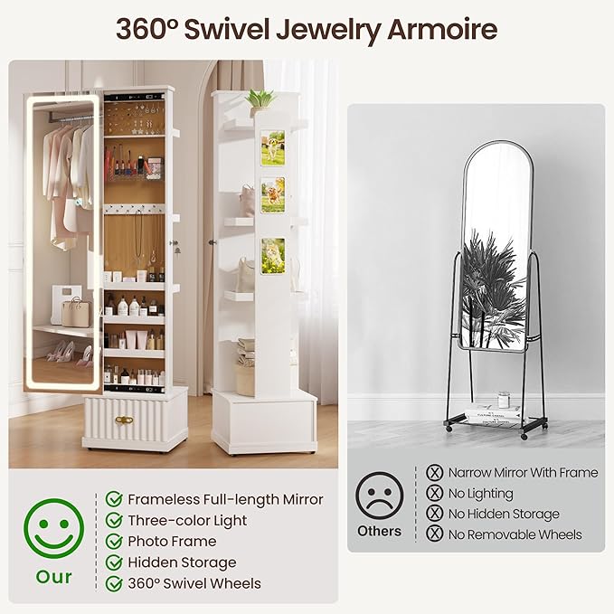 Lvifur Jewelry Cabinet with LED Mirror - Side Sliding Door Jewelry Armoires for Bedroom,Standing Jewelry Organizer with Full Length Mirror&3 Photo Frames&Drawer&Movable Wheels for Cloakroom,White