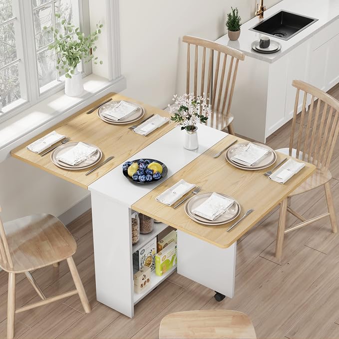GAOMON Folding Dining Table, Drop Leaf Dining Table with 6 Wheels and 2-Layer Storage Shelf, Foldable Kitchen Table, Space Saving Table for Small Spaces, Areas, 47.2" Natural Wood