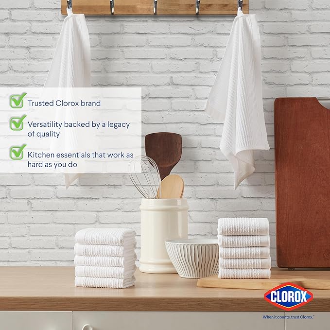 Clorox Ribbed Dishcloths - 100% Cotton Quick Dry Dish Cloths - Absorbent Multipurpose Cleaning for Restaurants, Kitchen, Bathroom, Hotel - 12" x 12" - White 12 Pack