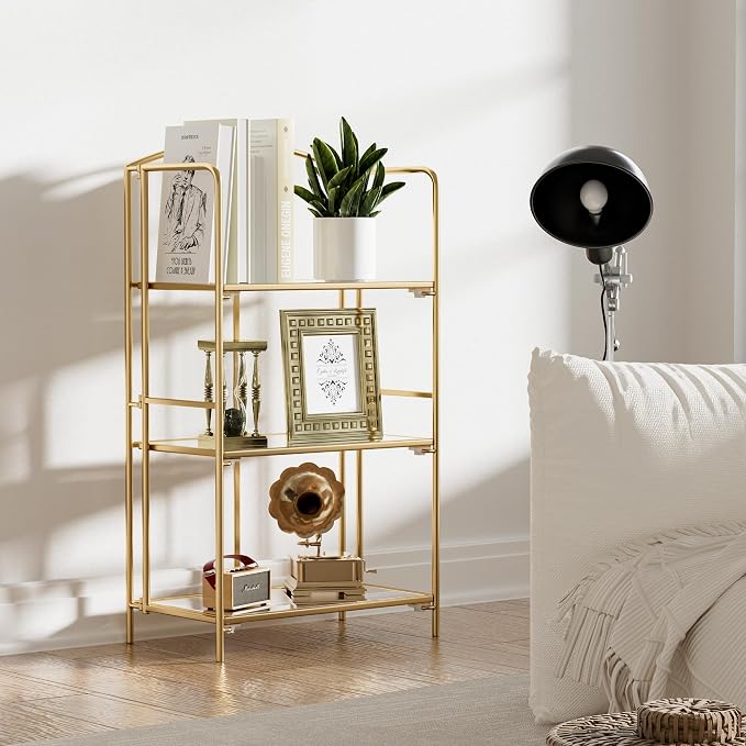 Crofy 3-Tier Foldable Bookshelf, Gold Frame & Transparent Shelves | No-Assembly Collapsible Portable Storage Organizer; Sturdy Transparent Shelves; Ideal for Living Room & Home Office