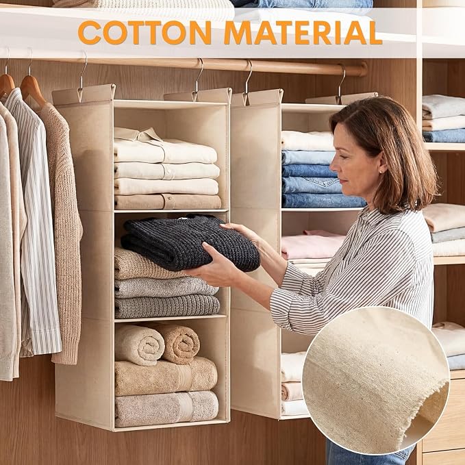 Ofiray-home Pure Cotton Dual Hanging Closet Organizer, 2-Pack 3-Tier Breathable Storage Bags for Wardrobe, RV, Nursery, Small Closets Heavy-Duty Cotton, Natural Beige