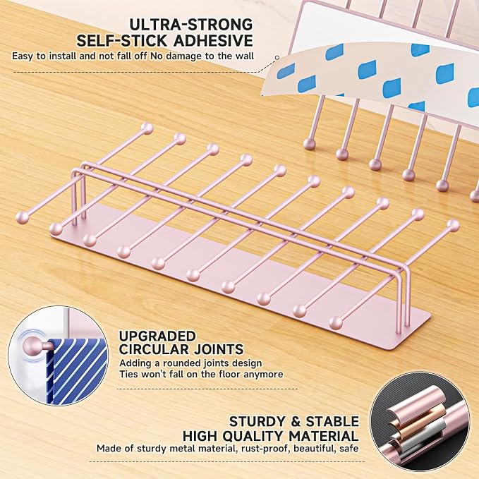 Tie Rack Wall Mounted, Tie Organizer for Men, Tie Rack Hanger for Closet Metal, Adhesive Tie Holder Organizer with 20 Hooks, Tie Storage for Wall Bedroom Living Room Dresser Room (Rose Gold)