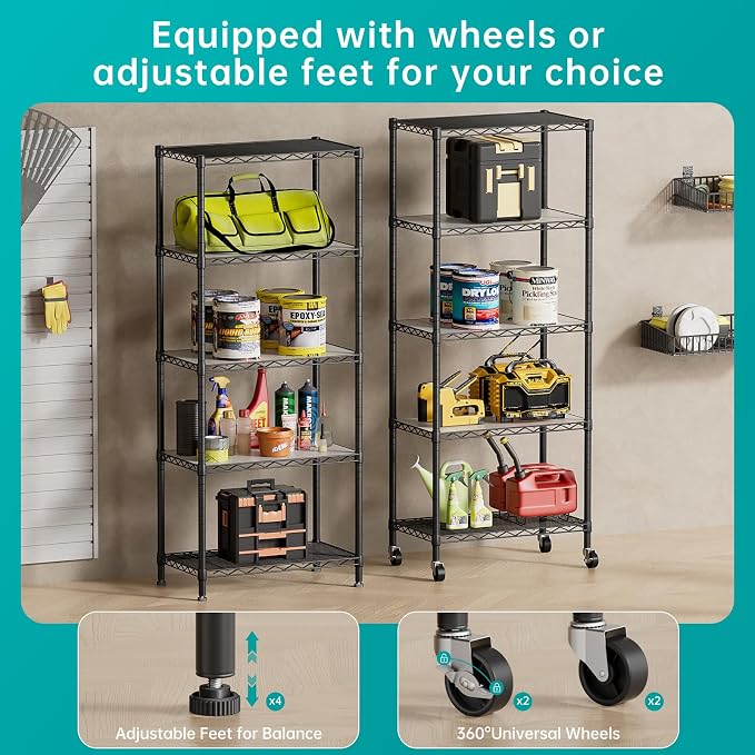 SINGAYE 5 Shelves Storage Wire Shelf Closet Metal Shelving Pantry Wheels | Shelf Bathroom Organizers Metal Kitchen Garage Shelving Unit Laundry Room Organization Home Rack Net Basket with Wheels