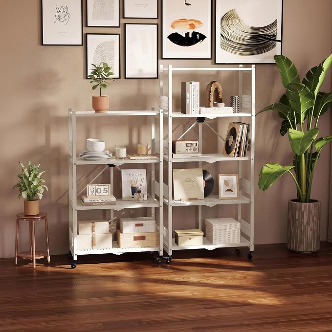 WORKPRO 4-Tier Folding Shelf, No-Assembly Metal Storage Rack with Wheels, 600 lbs Capacity (with Leveling Feet), Collapsible Shelving Unit for Kitchen, Pantry, Closet & Craft Shows - White