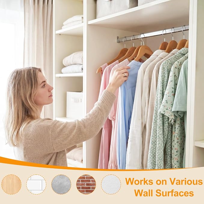 Closet Rods for Hanging Clothes, 34 to 62 Inches Stepless Extendable Stainless Steel Closet Pole, Heavy Duty Clothes Rod for Closet Wardrobes Laundry RV, Flat Oval, Chrome