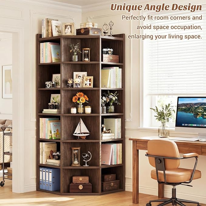 Aheaplus Corner Cube Book Shelf, 7-Tier Corner Storage Cabinet with Top Table, Corner Cube Shelf for Small Space, Wooden L Shaped Cubby Bookcase for Home Office, Bedroom, Living Room, Black Walnut