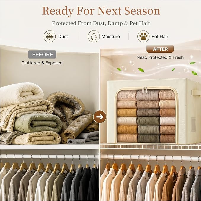 GoMaihe 3 Opening Clothes Storage Bins with Metal Frame, 66L Blanket Storage Organizer for Walk-in Closet Large Storage Boxes with Clear Window for Bedding Winter Clothing 3-Pack Beige