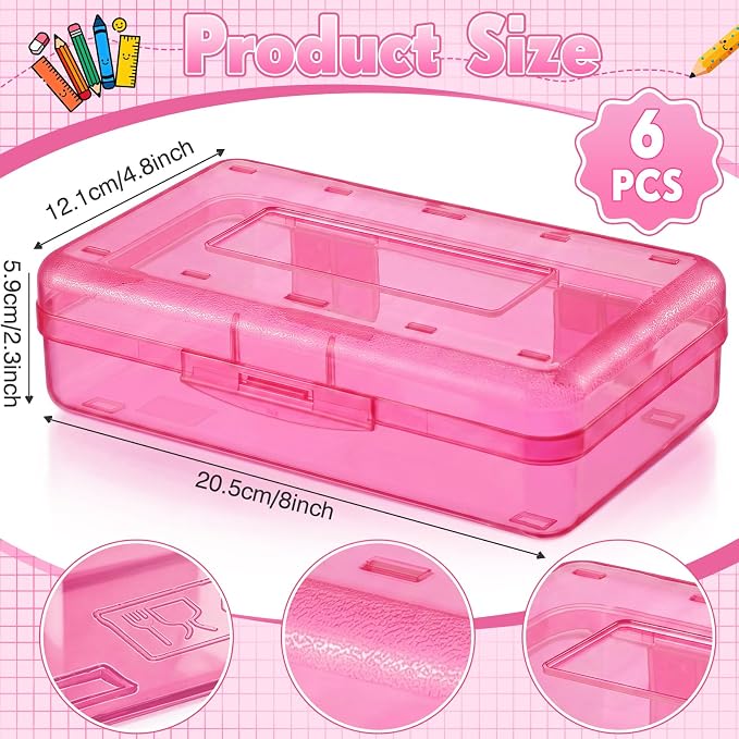 Blulu 6 Pack Large Plastic Pencil Case Box Clear Pencil Boxes Bulk Hard Crayon Box Storage with Snap Lids 8.1 x 4.7 x 2.2 Inch Painting Organizer Classroom Stationery School Supplies (Pink)