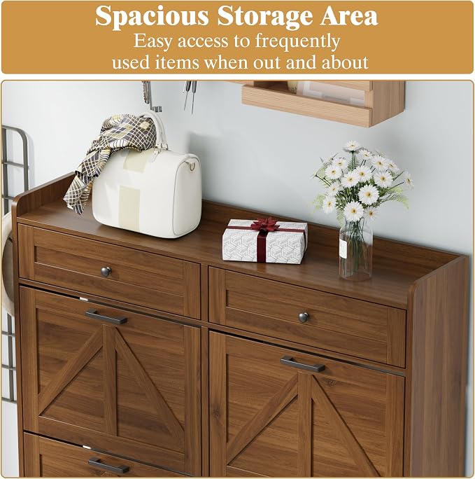 Thacuok Shoe Cabinet with 6 Flip Drawers & 2 Storage Drawers, Rustic Farmhouse Narrow Shoe Organizer Cabinet, Slim Shoe Rack Cabinet, Shoe Storage Cabinet for Entryway, Hallway, Front Door