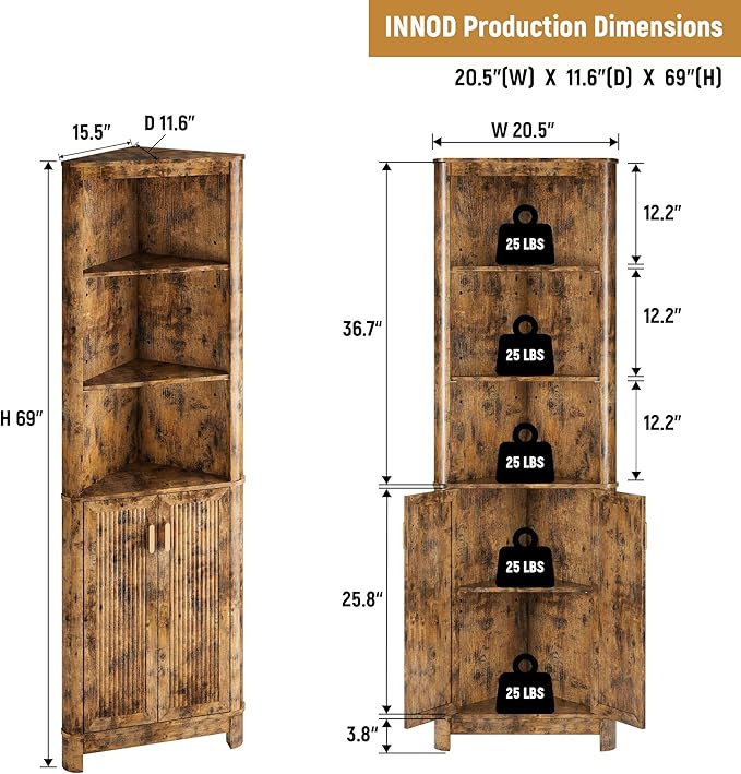 INNOD 69" Tall Corner Shelf with Doors, 6-Tier Corner Storage Cabinet with Doors, Space Saver Shelf for Bathroom, Bathroom Floor Cabinet for Living Room Kitchen, Hallway
