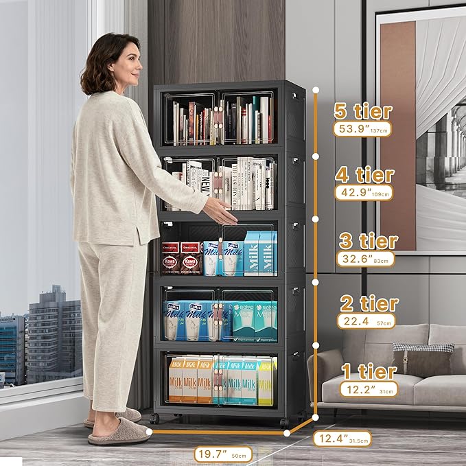 UAMFURI Stackable Storage Bins with Lids, Extra Large Plastic Organizer Cabinet Drawers, 240QT Collapsible Closet Containers with Doors and Wheels,For Bedroom, Kitchen, Office, Garage,(5Pack Cube)