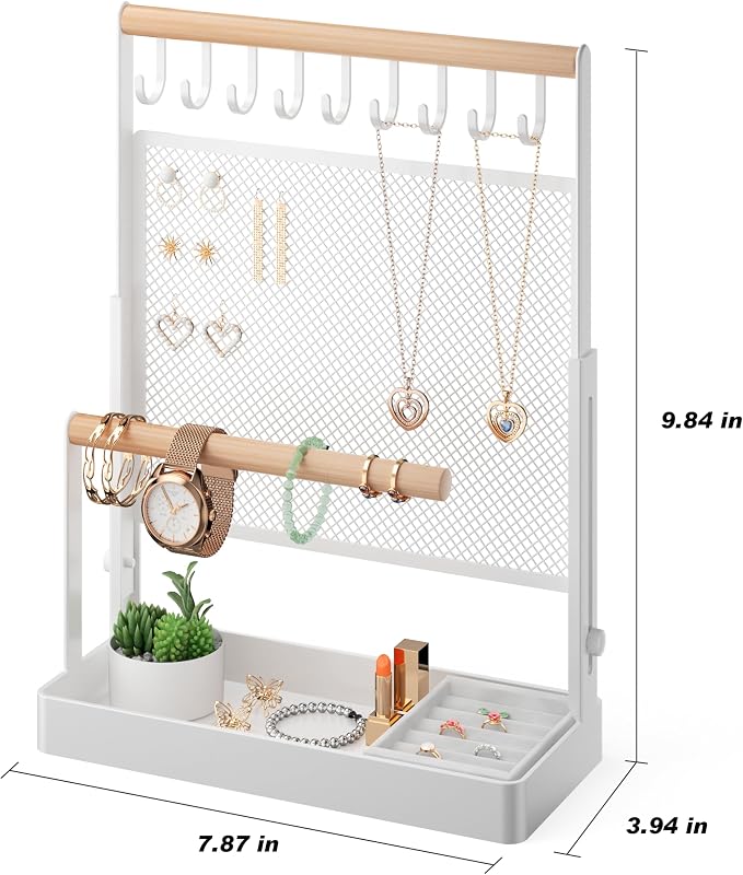 Jewelry Organizer Stand with Velvet Ring Holder, Liftable Necklace Holder with Earring Organizer Net, 9 Hooks Necklaces Storage Wooden Handing Bar for Bracelets Watches Rings (White)