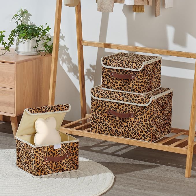 Storage Bin with Lid Decorative Cute Leopard Print Box Basket | Velvet Fabric, Faux Leather Handles, Washable PP Board, Foldable Lidded Clothes Container, Shelf Closet Organizer, Large Size