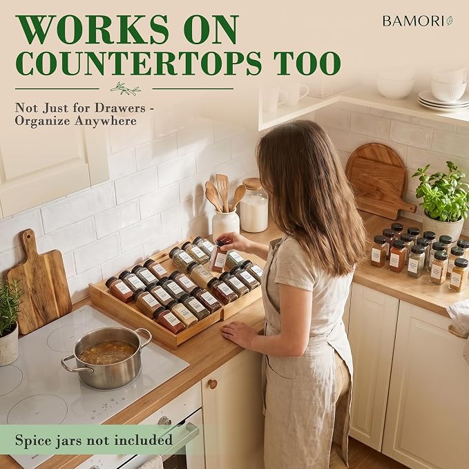 Bamboo Spice Drawer Organizer – Expandable Spice Rack for Drawer – 4 Tiered Premium Bamboo Kitchen Seasoning Organizer for Drawer Spice Organizer, Seasoning rack insert for Cabinet