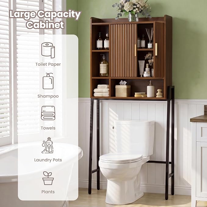 31" W Over The Toilet Storage Cabinet with Fluted Door,Bathroom Organizers and Storage with Adjustable Shelves, Mordern Over Toilet Organizer for Bathroom,Restroom,Laundry,Walnut