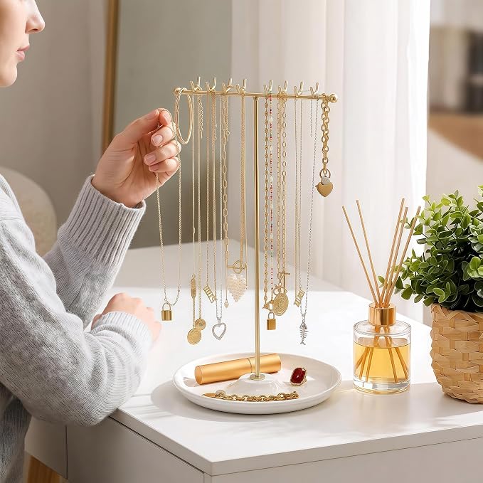 Gold Necklace Holder with Tray - 16 Hooks for Hanging Jewelry | The Tray Space is Suitable for Multifunctional Storage of Earrings, Rings, Lipstick, Watches & More - Jewelry Organizer