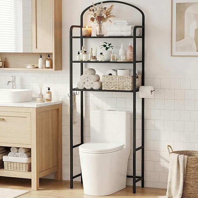 3 Tier Over The Toilet Storage Rack, Bathroom Organizer | Toilet Storage with 4 Hooks & Paper Holder, Space-Saving, Freestanding Bathroom Shelf, Metal, Black