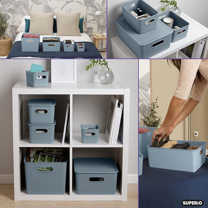 Superio Ribbed Collection - Decorative Plastic Basket Open Home Storage Bins Organizer, Blue Container Boxes for Organizing Closet Storage Bins for Shelves (Bin with Lid- Large (15 Liter), 1 Pack)